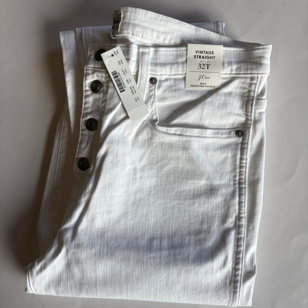 J.Crew Vintage Straight Jeans White Button Fly 32T Tall Perfecting Pockets NWT